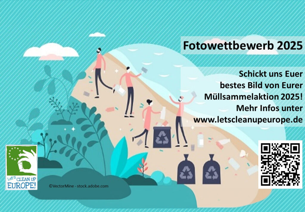 Illustration von Menschen, die an einem Strand Müll sammeln, mit Hinweis auf den Fotowettbewerb 2025 von Let’s Clean Up Europe und sichtbarem QR-Code zur Teilnahme.